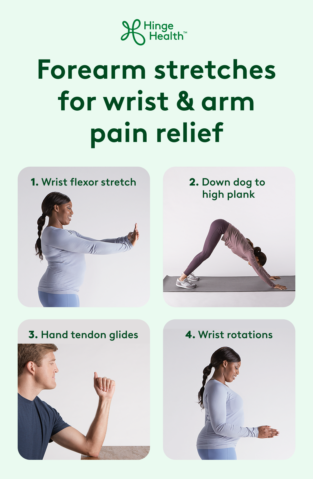 Forearm stretches for wrist and arm pain relief, wrist flexor stretch, down dog to high plank, hand tendon glides, wrist rotations